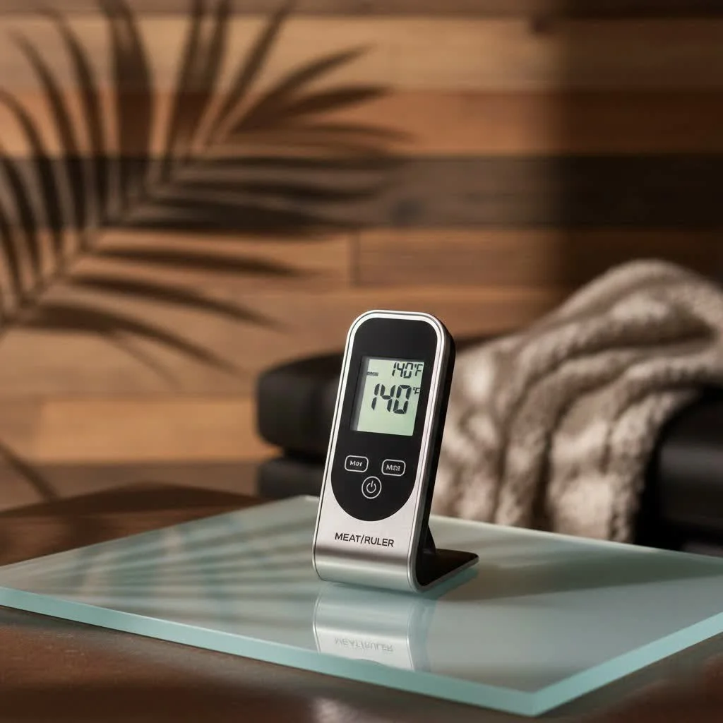 Digital meat thermometer inserted into a perfectly cooked roast