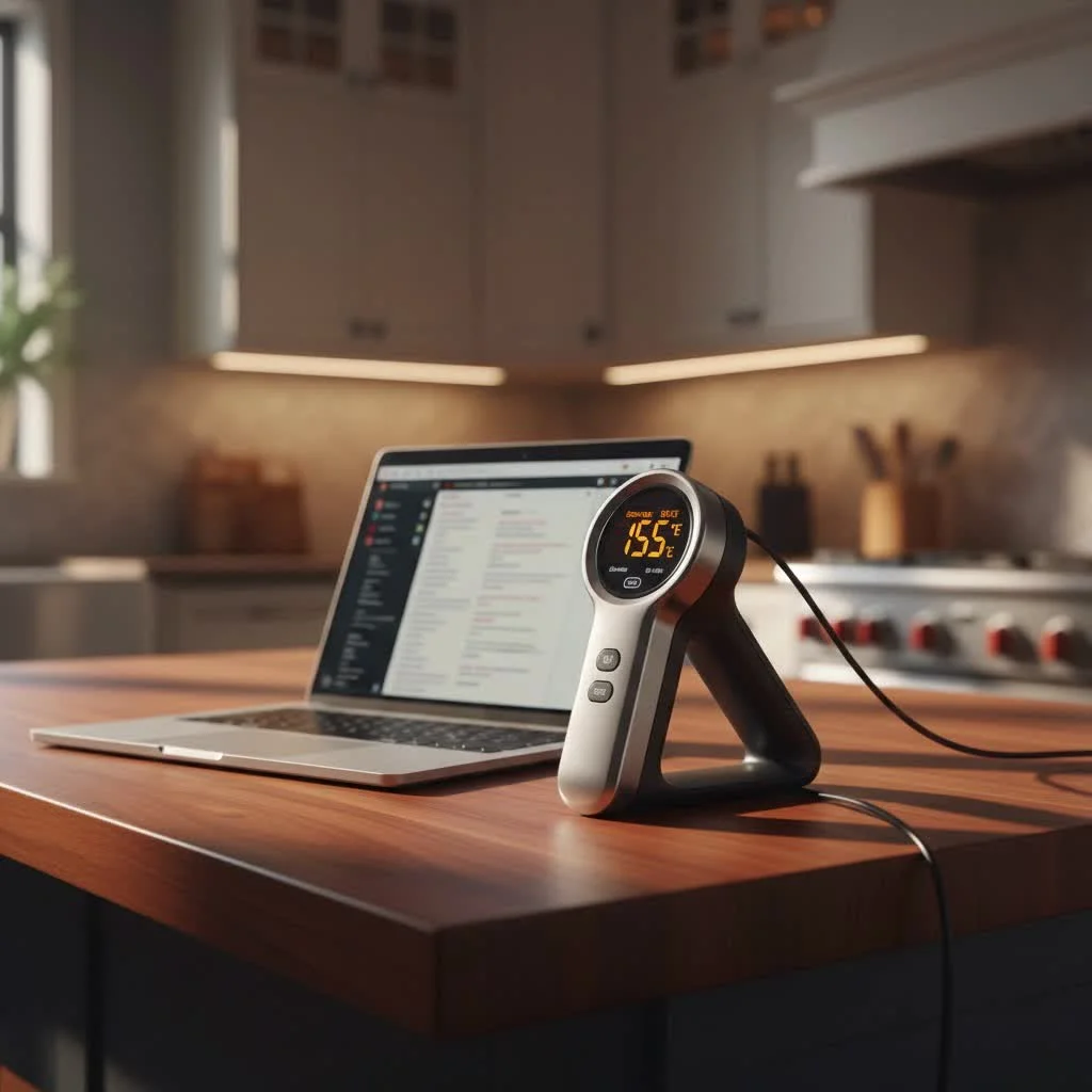 Electronic meat thermometer inserted into a roasting chicken