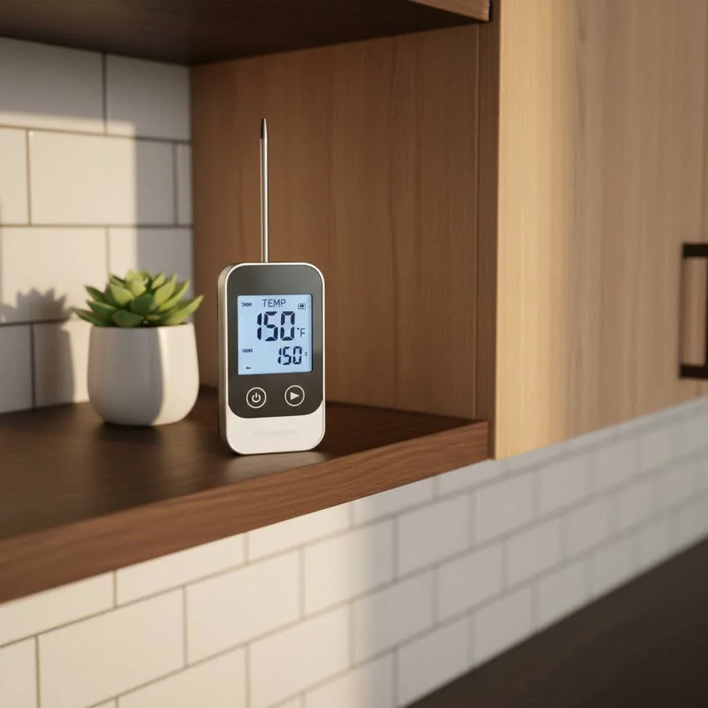 Wireless meat thermometer monitoring a brisket in a smoker