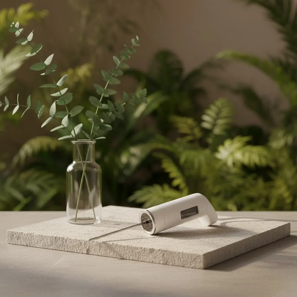 Smart wireless meat thermometer with a probe inserted into a roast