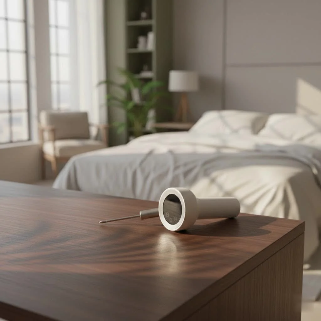 Chef using an instant-read meat thermometer to check steak temperature