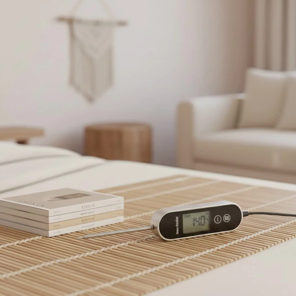 Digital meat thermometer inserted into a grilled steak